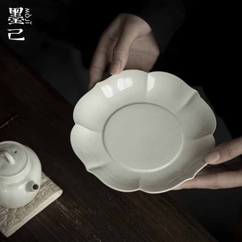 墨己 草木灰古泥花边壶承茶道配件陶瓷干泡茶盘茶点盘多用家用