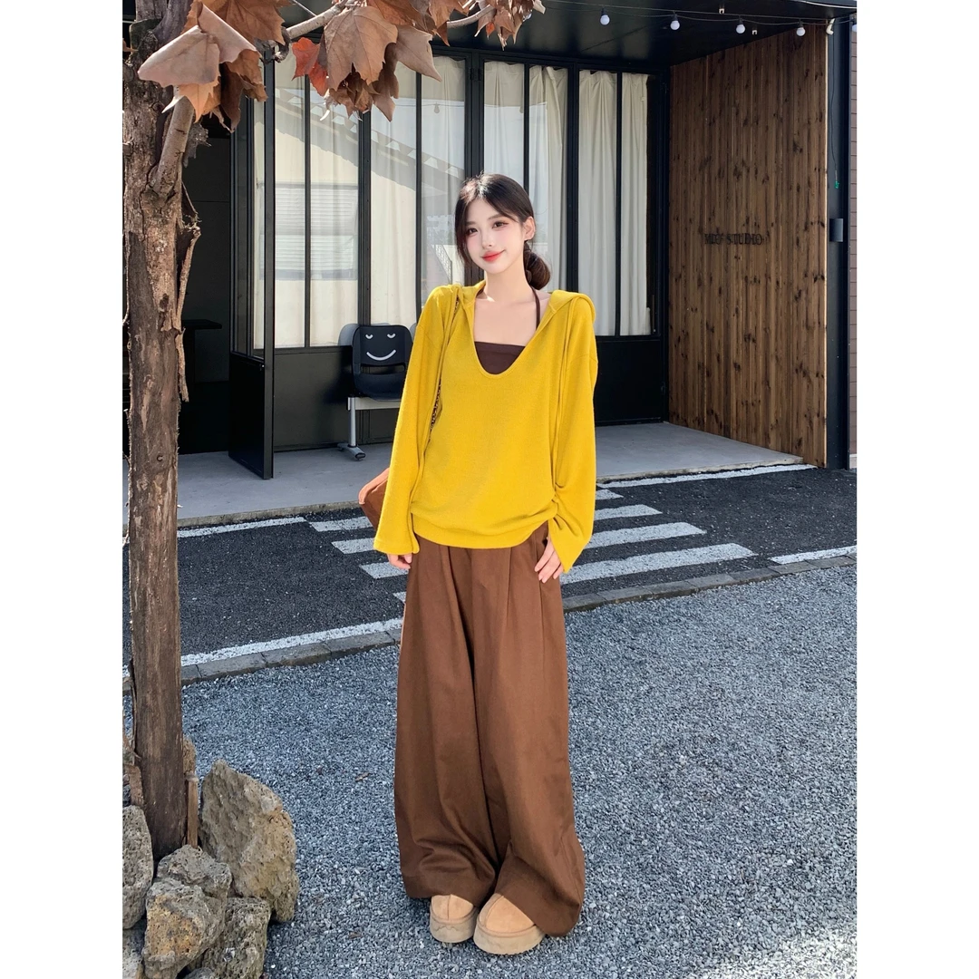 实拍大码胖mm韩系连帽针织衫挂脖吊带套装女秋季新款阔腿长裤减龄