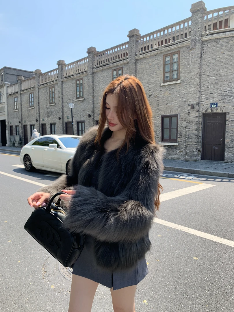 SHIMENGNU/诗梦奴芦苇花 进口银狐整皮腹毛秋冬皮草女装外套女
