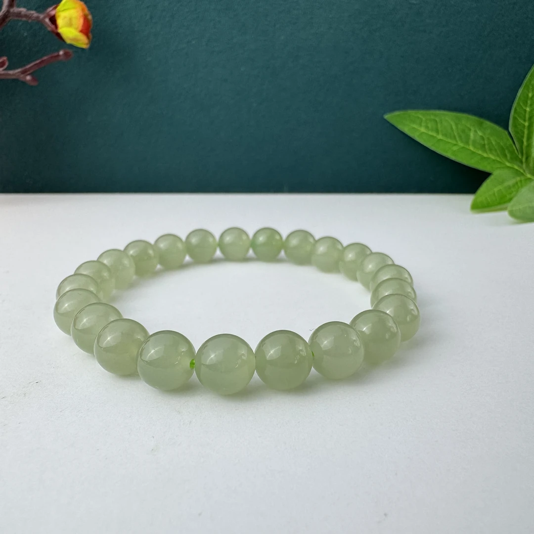 和田玉晴水卡8mm单圈手串素串葡萄肉荧光微猫浅绿