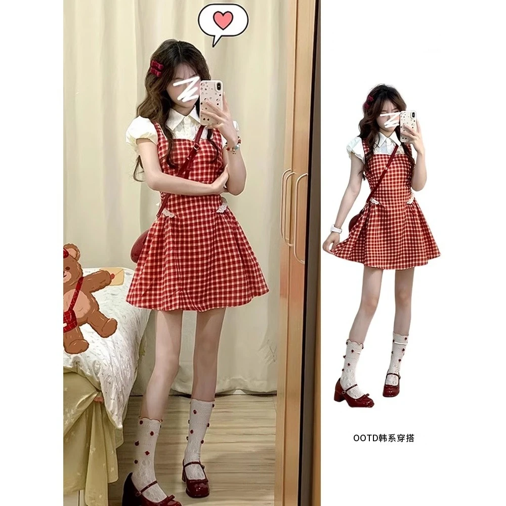 法式学院风假两件格子背带连衣裙子女夏季新款休闲小个子a字短裙