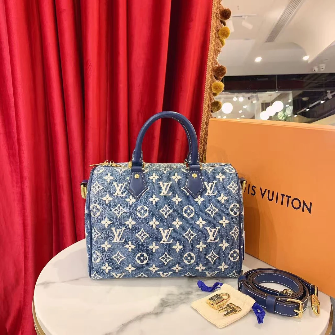 95新 LouisVuitton/路易威登 GGSspeedy25蓝色丹宁单肩包14449215
