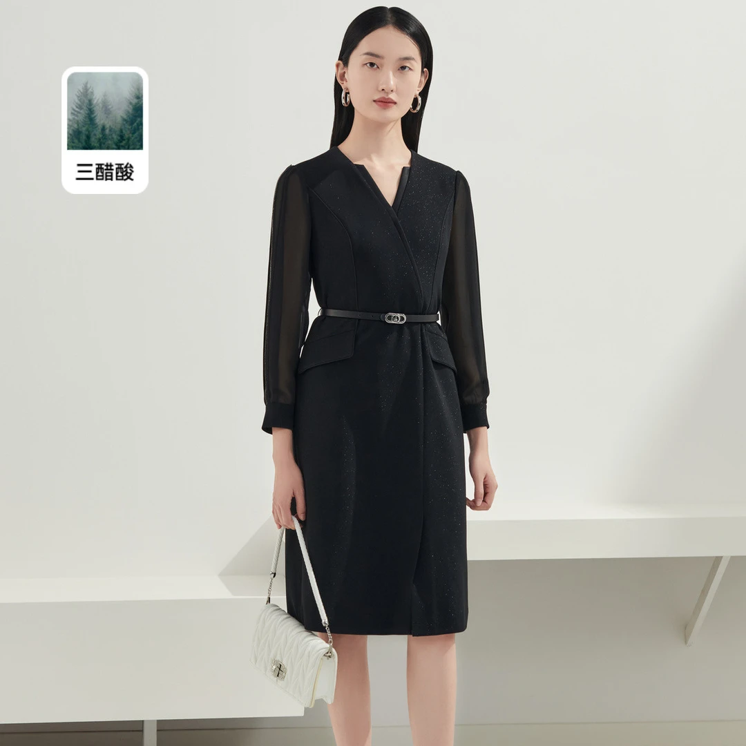 【婷婷专属】【醋酸系列】秋季高级感纯色简约百搭通勤拼接连衣裙女