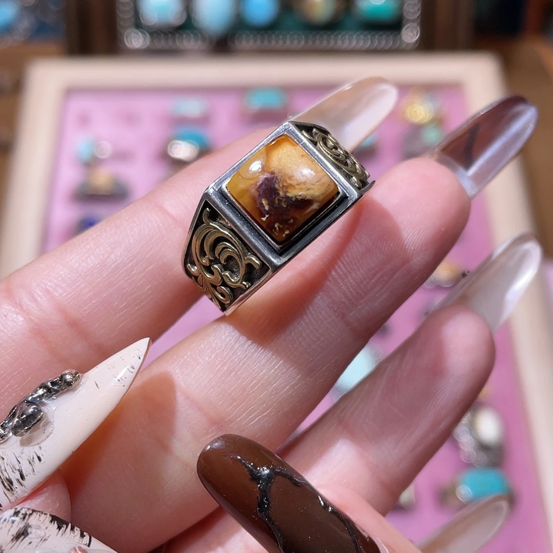 H***I琥珀银S925镶嵌戒指戒指