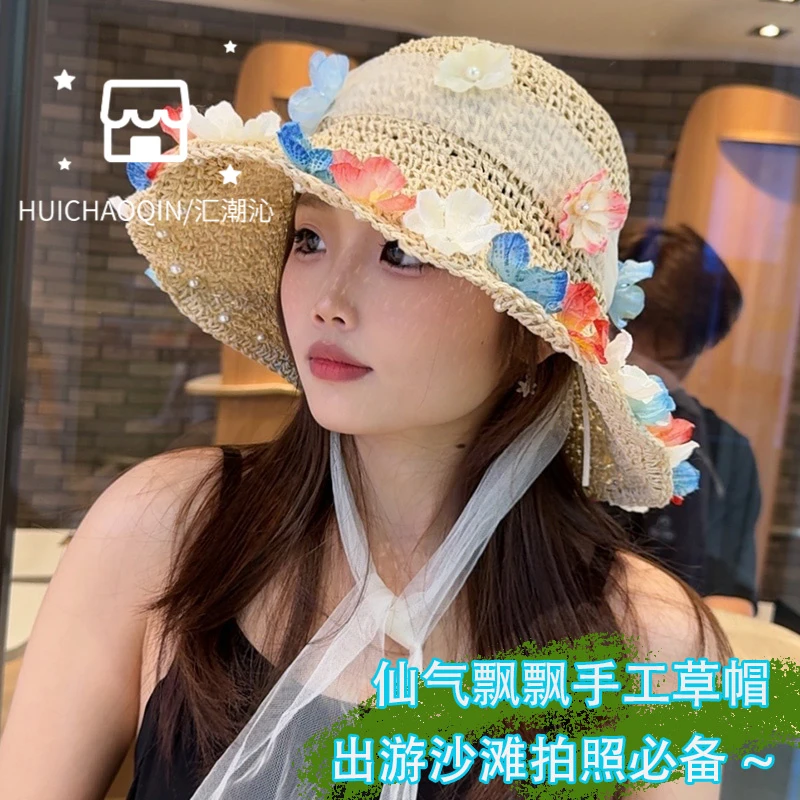K24夏季新款手工编织花朵草帽大檐渔夫帽子女款太阳帽遮阳沙滩游
