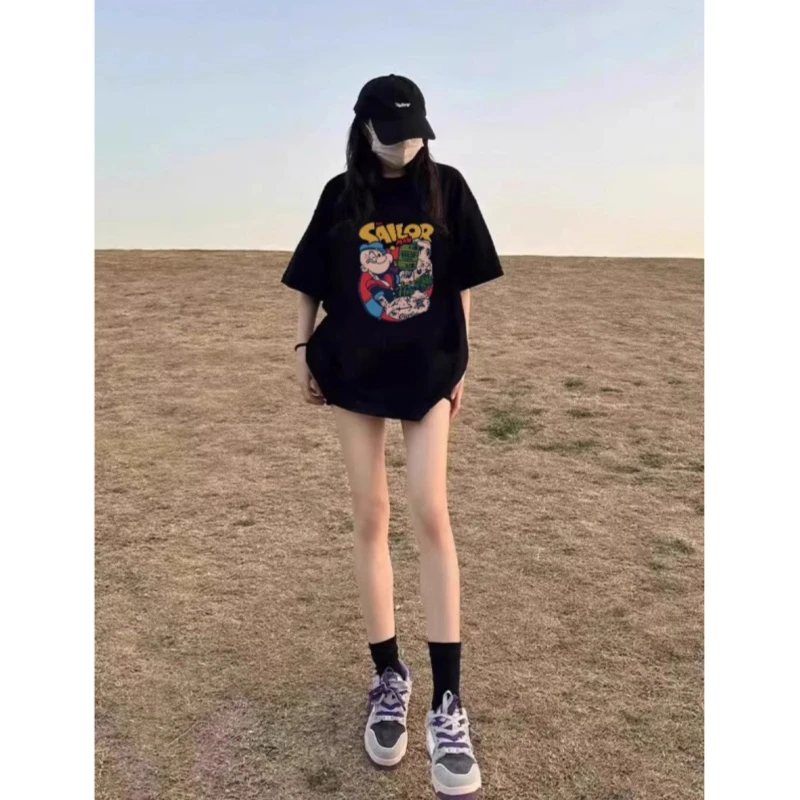 2025夏季潮牌大力水手印花中长款短袖T恤女新款宽松百搭显瘦上衣