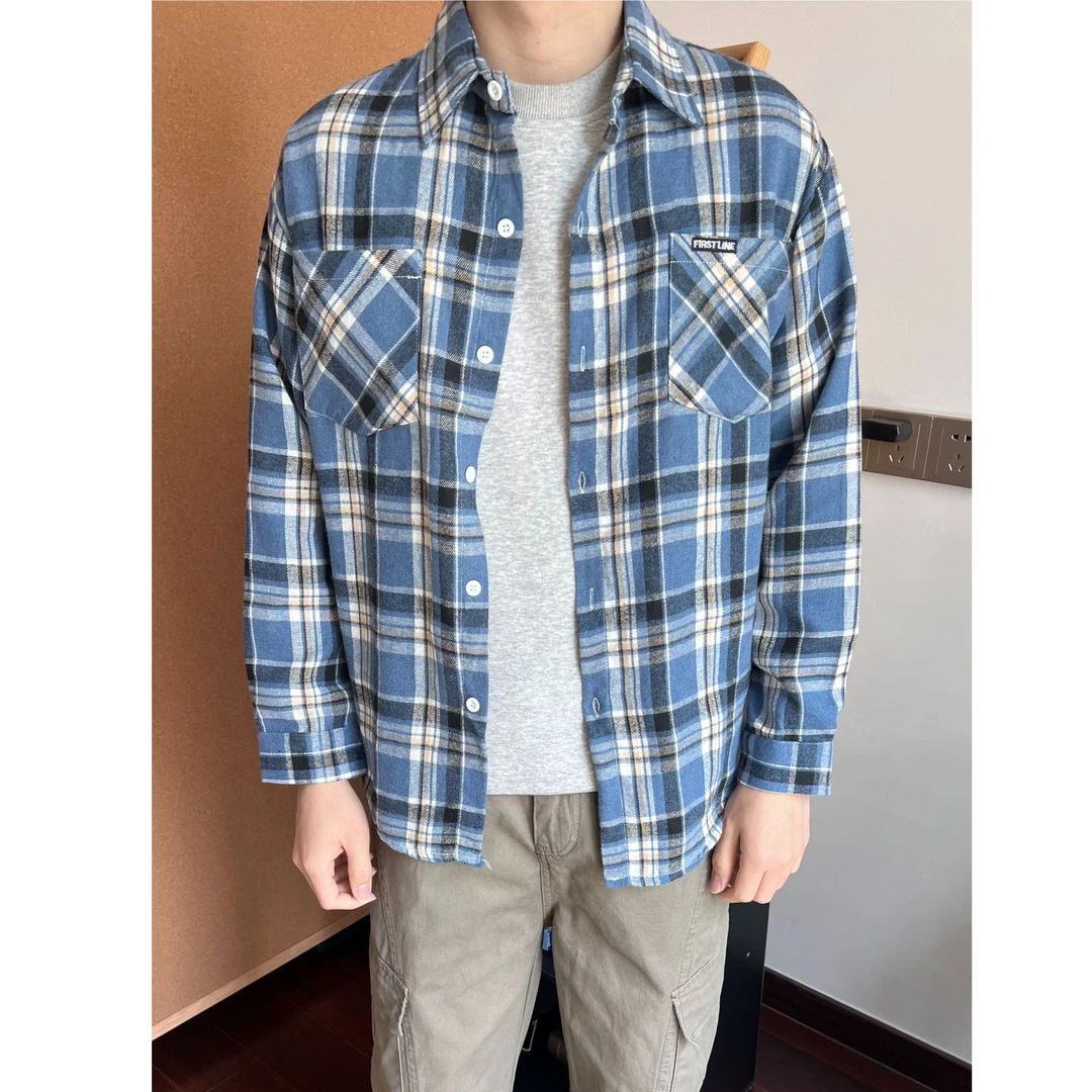 蓝色格子衬衫男女款春秋季2025新款宽松休闲长袖百搭衬衣复古外套