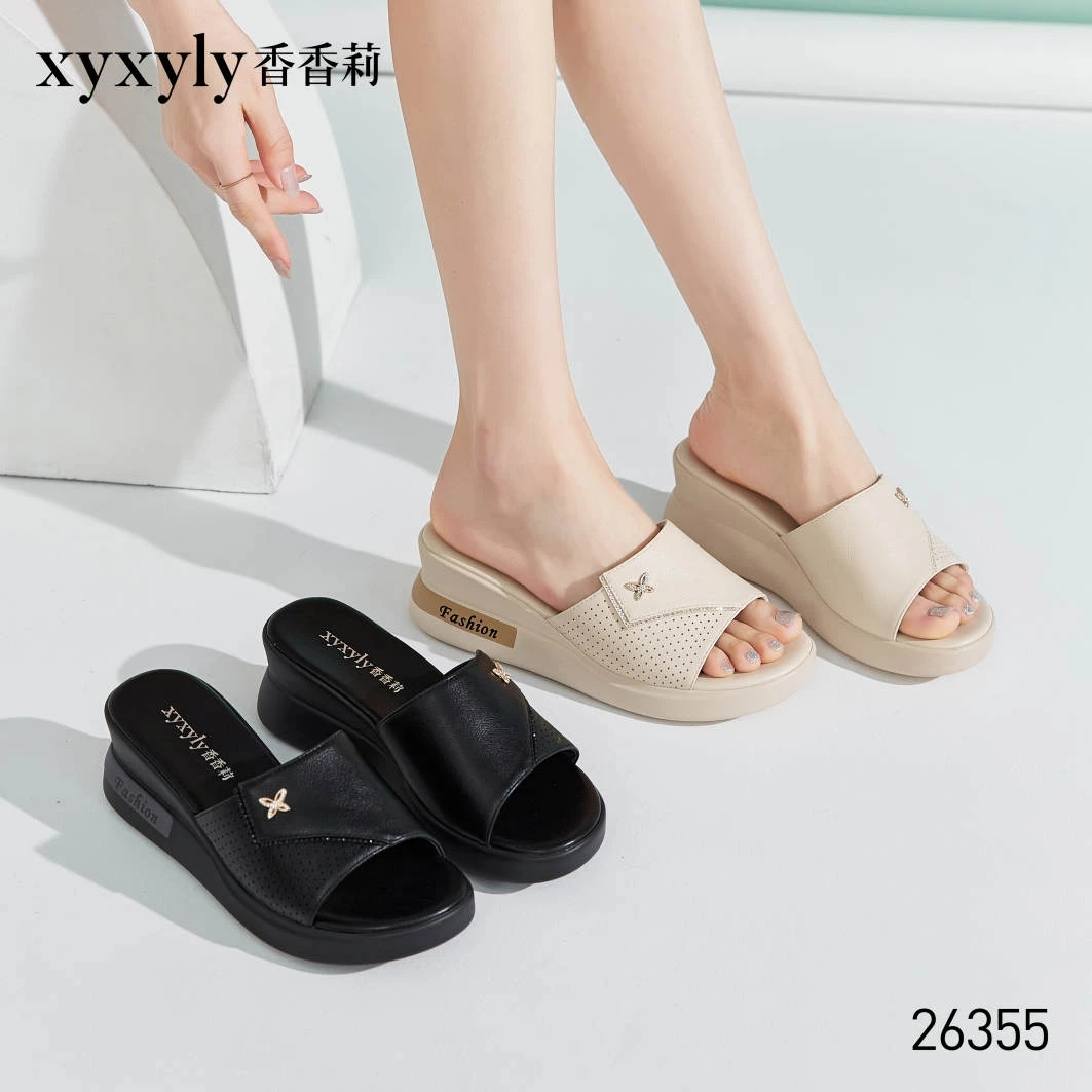 香香莉26355新款韩版坡跟防滑露趾舒适百搭凉拖女皮拖鞋潮2024夏