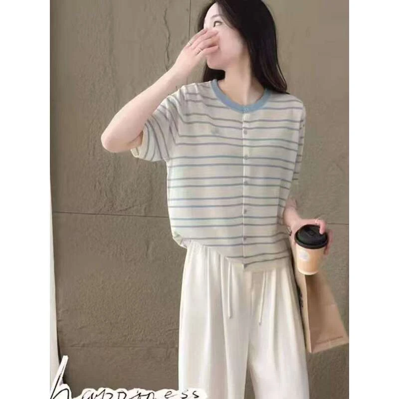 天丝细麻/冰凉透气/条纹开衫显瘦/针织短袖A139
