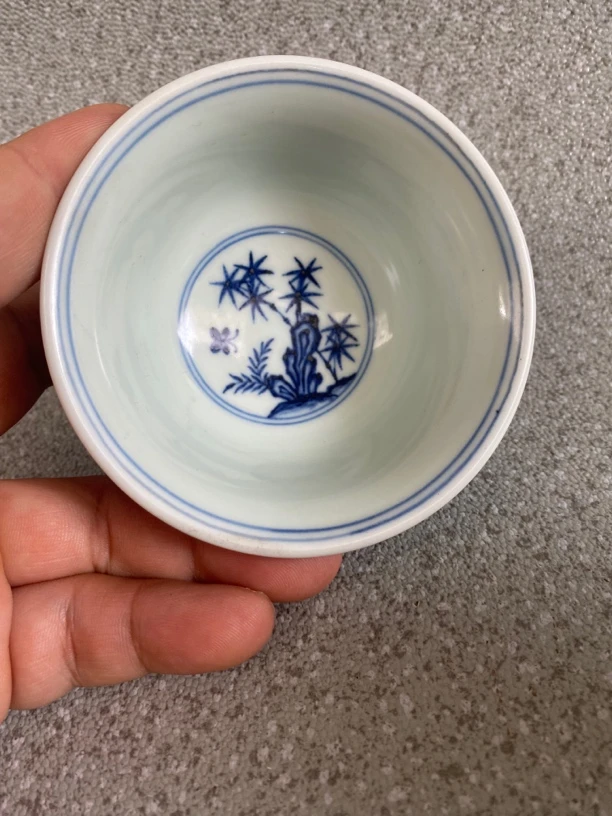 仿明宣德柴窑青花人物图案压手杯高5厘米口径9.2厘米仿古