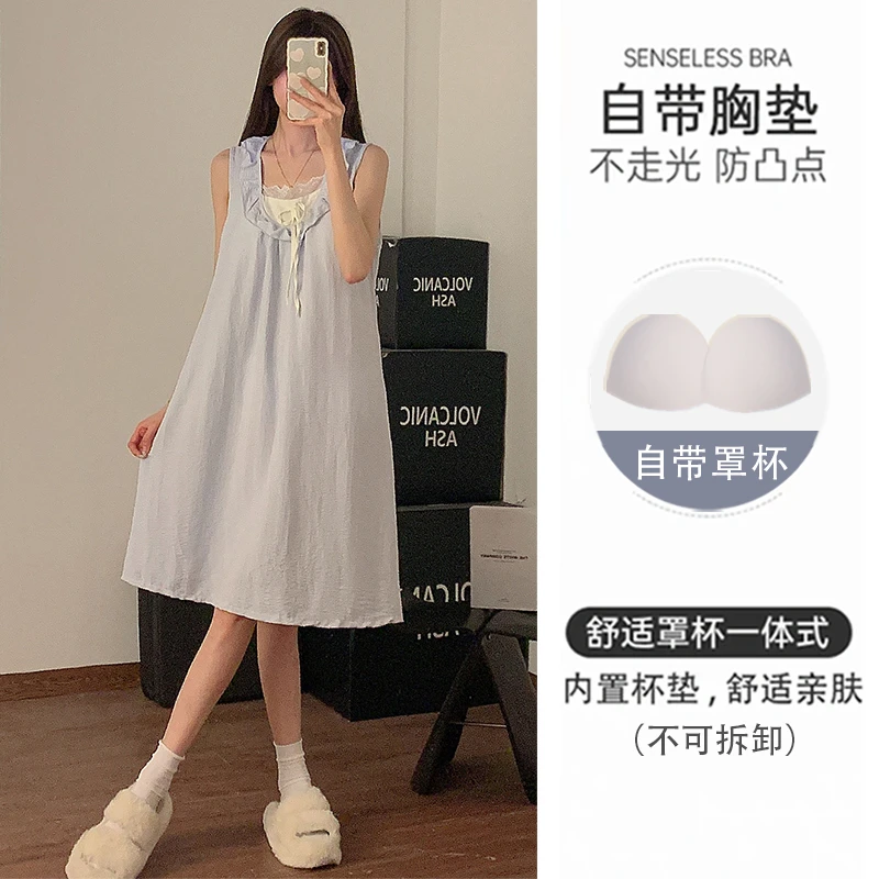 蓝色连衣裙睡衣女款夏季带胸垫睡裙甜美宽松休闲甜美公主风家居服