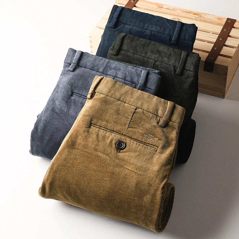 埃卢涅芬新款秋冬厚款细绒男士灯芯绒商务休闲直筒棉舒适保暖条