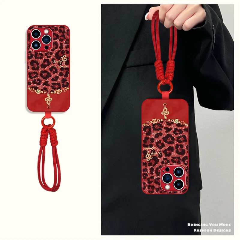 红色豹纹适用苹果16/15/14OPPO华为小米VIVO新年红色玻璃手机壳女