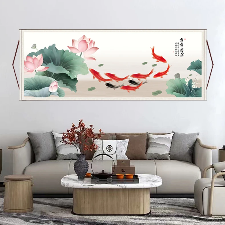 丈二《年年有余》大气背景墙横幅挂画国风山水装饰画装裱艺术家用F8