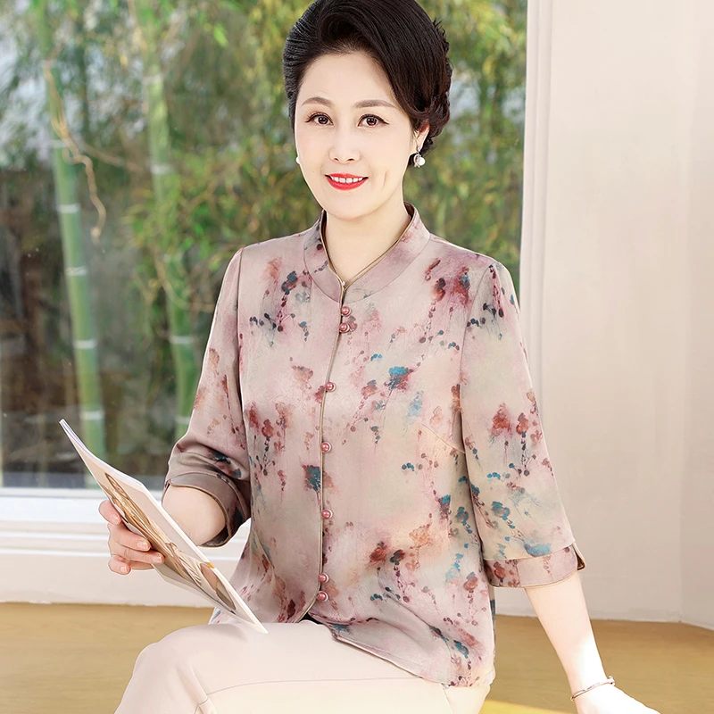 中老年人女装春夏七分袖衬衫婆婆妈妈夏季宽松衬衣洋气奶奶装衣服