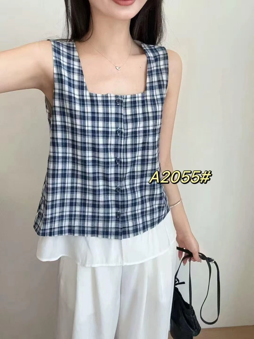 杨杨 设计感小众拼接格子上衣A2055