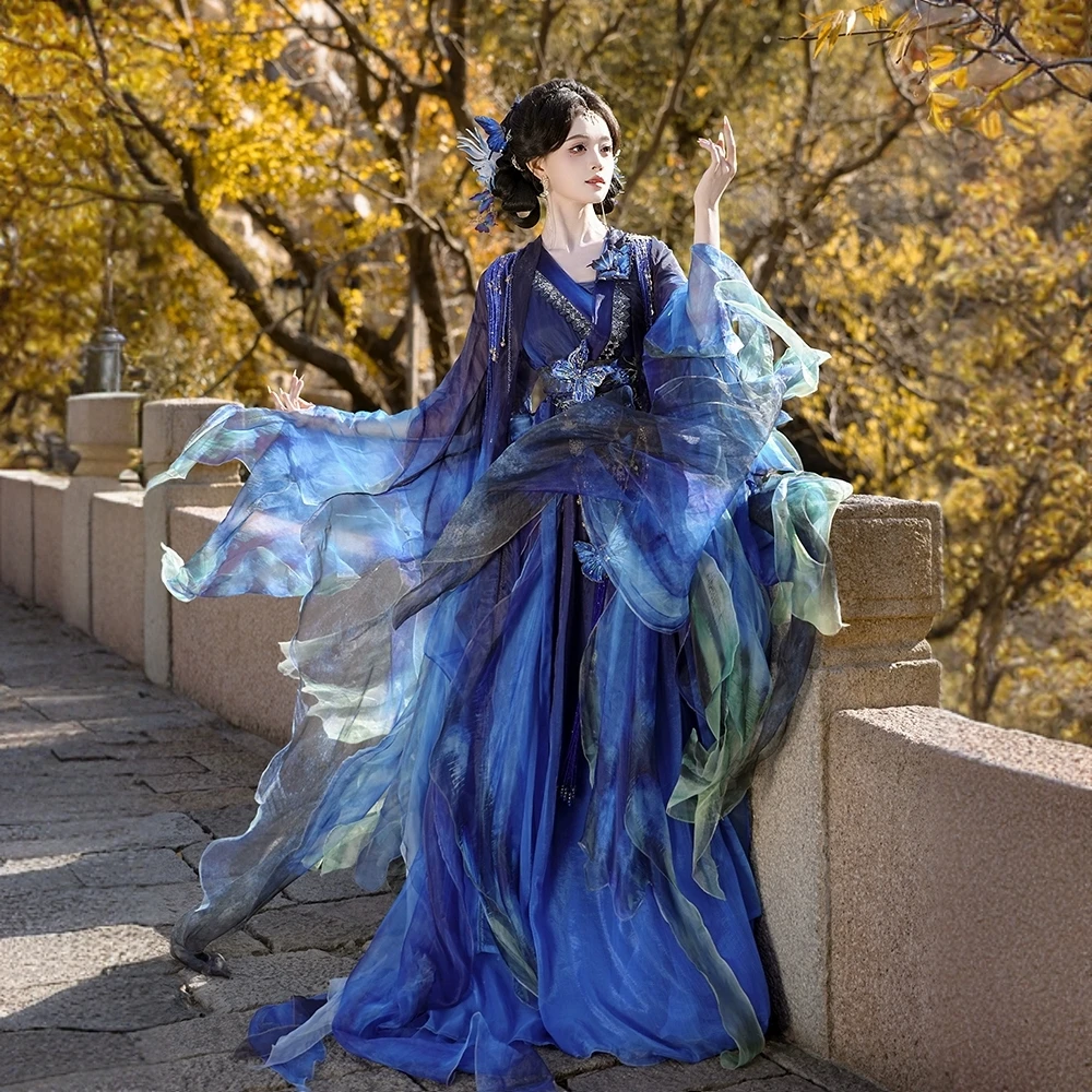 【蓝尾蝶齐腰】  2024国风大典走秀款原创神话系列重工刺绣  汉服女