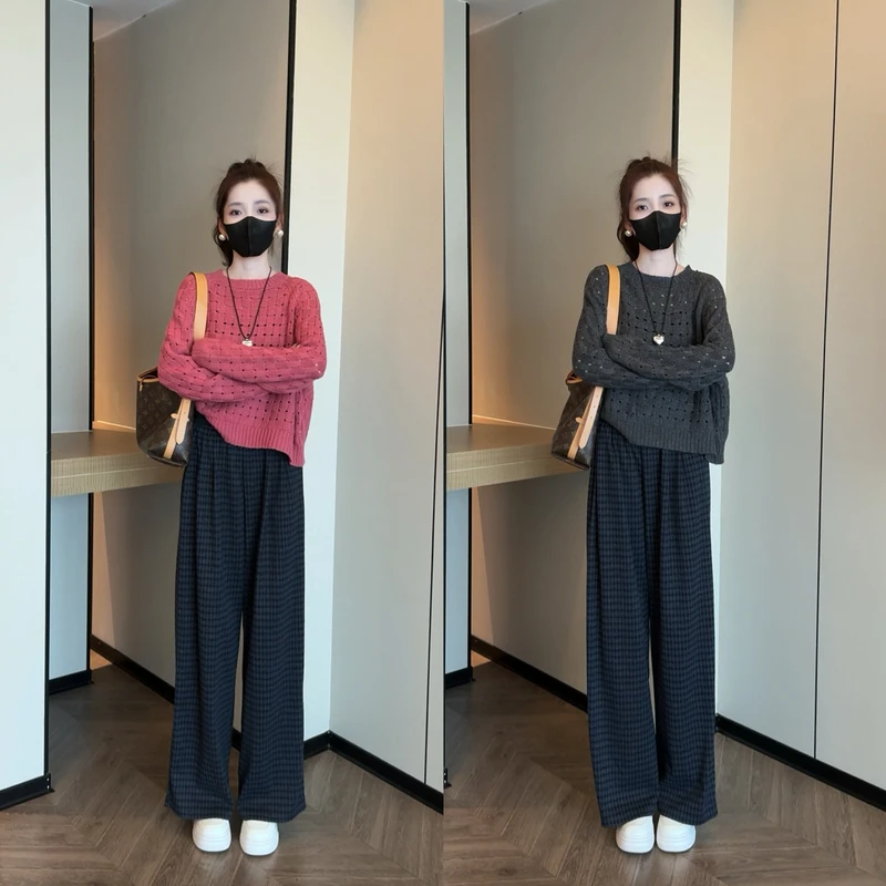 2025秋新款镂空长袖针织衫毛衣阔腿裤两件套