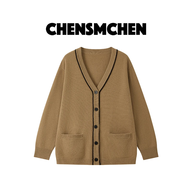 CHENSMCHEN绵羊毛V领长袖针织衫女休闲百搭宽松显瘦开衫CSZ8016QQ