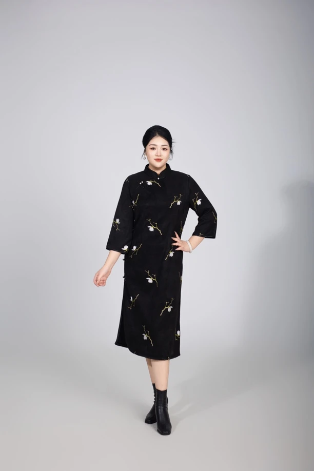 微瑕不褪【腊梅】N大码女装早秋复古显瘦印花立领旗袍连衣裙90023