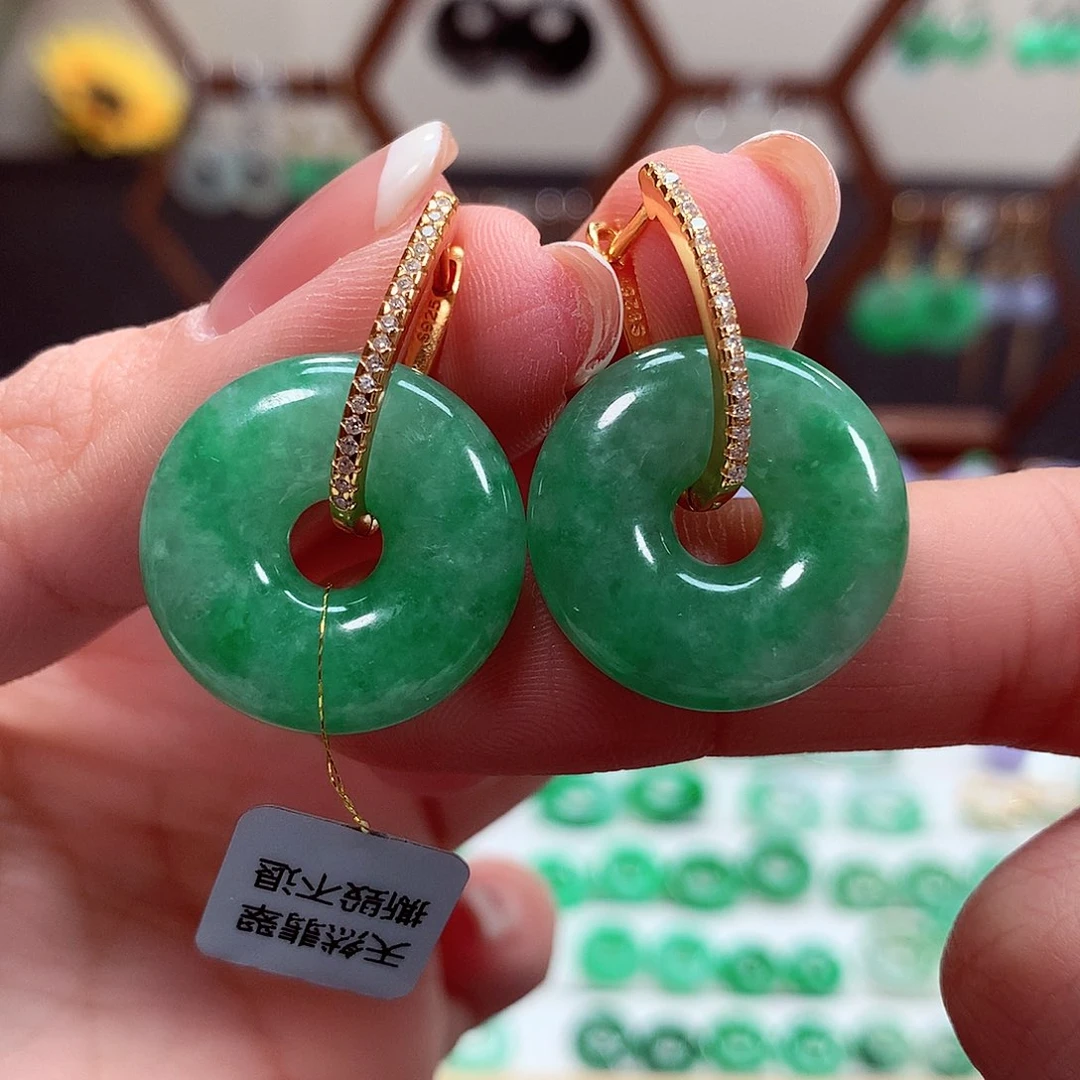 翡翠耳饰银S925镶嵌天然翡翠