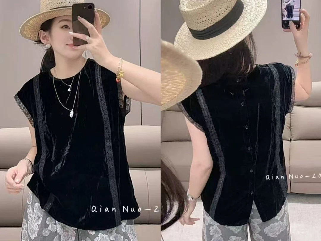 夏季新款复古休闲套装薄款丝绒上衣复古阔腿裤宽松气质