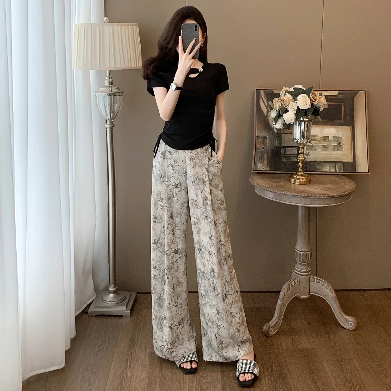 新中式休闲套装女夏季2025年国风短袖上衣显瘦印花阔腿裤子两件套