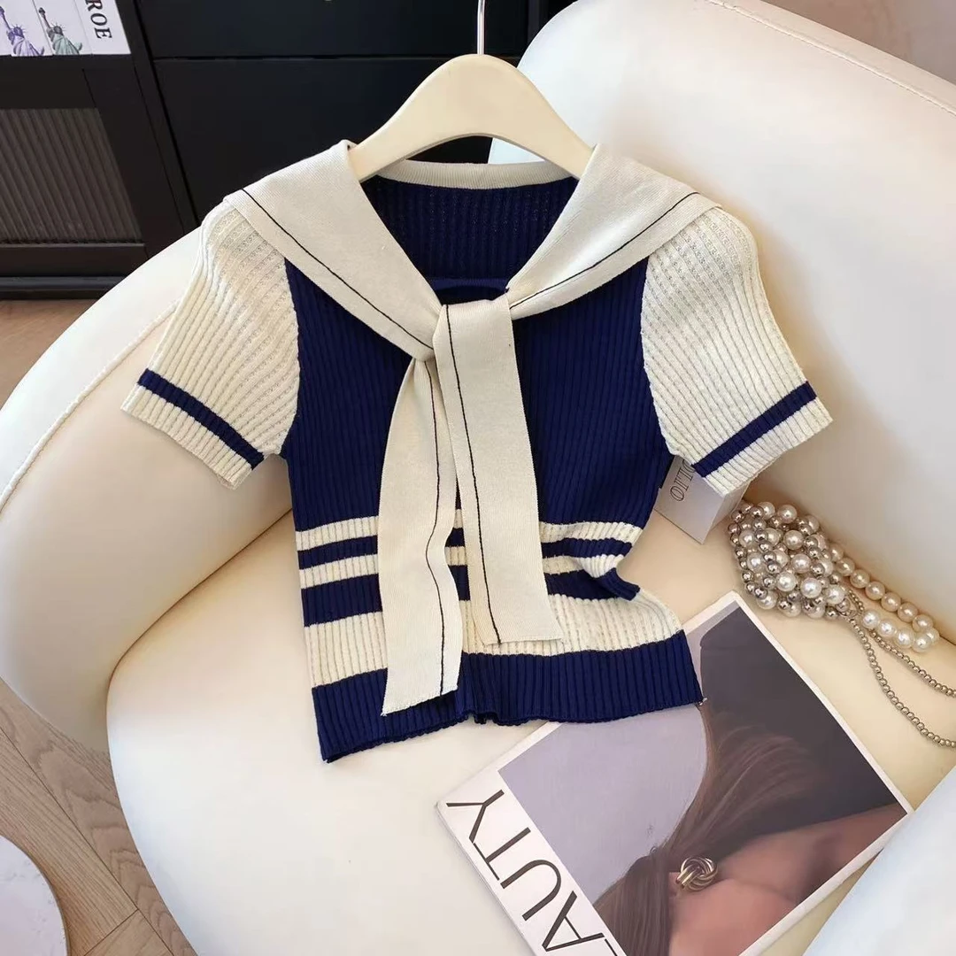 海军风撞色条纹针织衫短袖T恤2025夏季新款宽松显瘦拼接披肩上衣