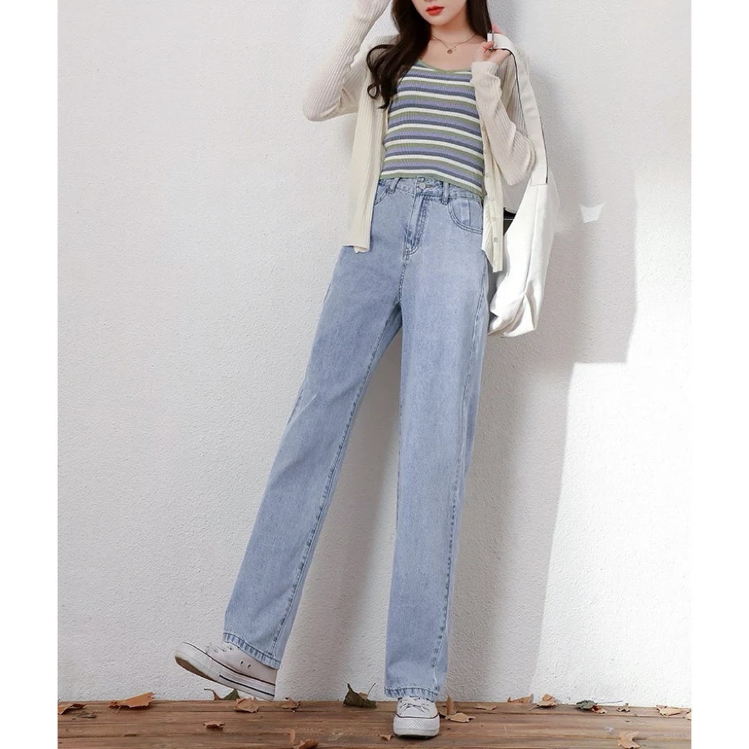 174 韩版纯色百搭休闲高腰休闲直筒阔腿牛仔裤