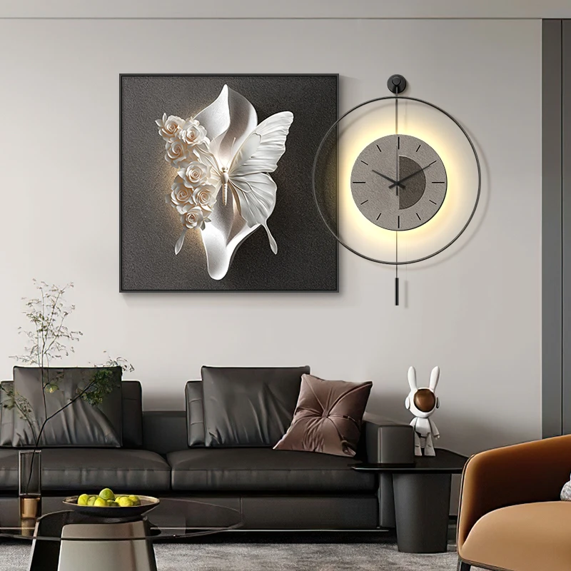 新款黑白灰餐厅装饰画现代轻奢高级感餐桌背景墙钟表挂画组合壁画