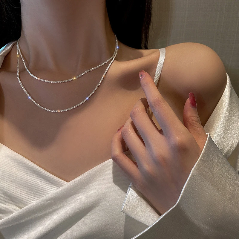 合金项链 满天星波光粼粼项链女意大利锁骨链颈链简约闪光素链可