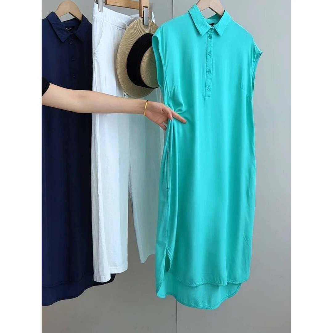 新款春夏透气垂坠感无袖翻领通勤宽松衬衫连衣裙