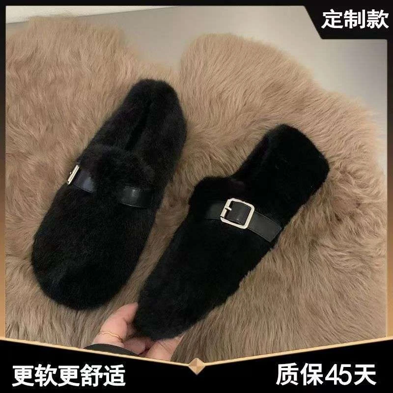毛毛鞋女2025秋冬新款复古加绒加厚平底百搭一脚蹬保暖棉鞋毛绒鞋