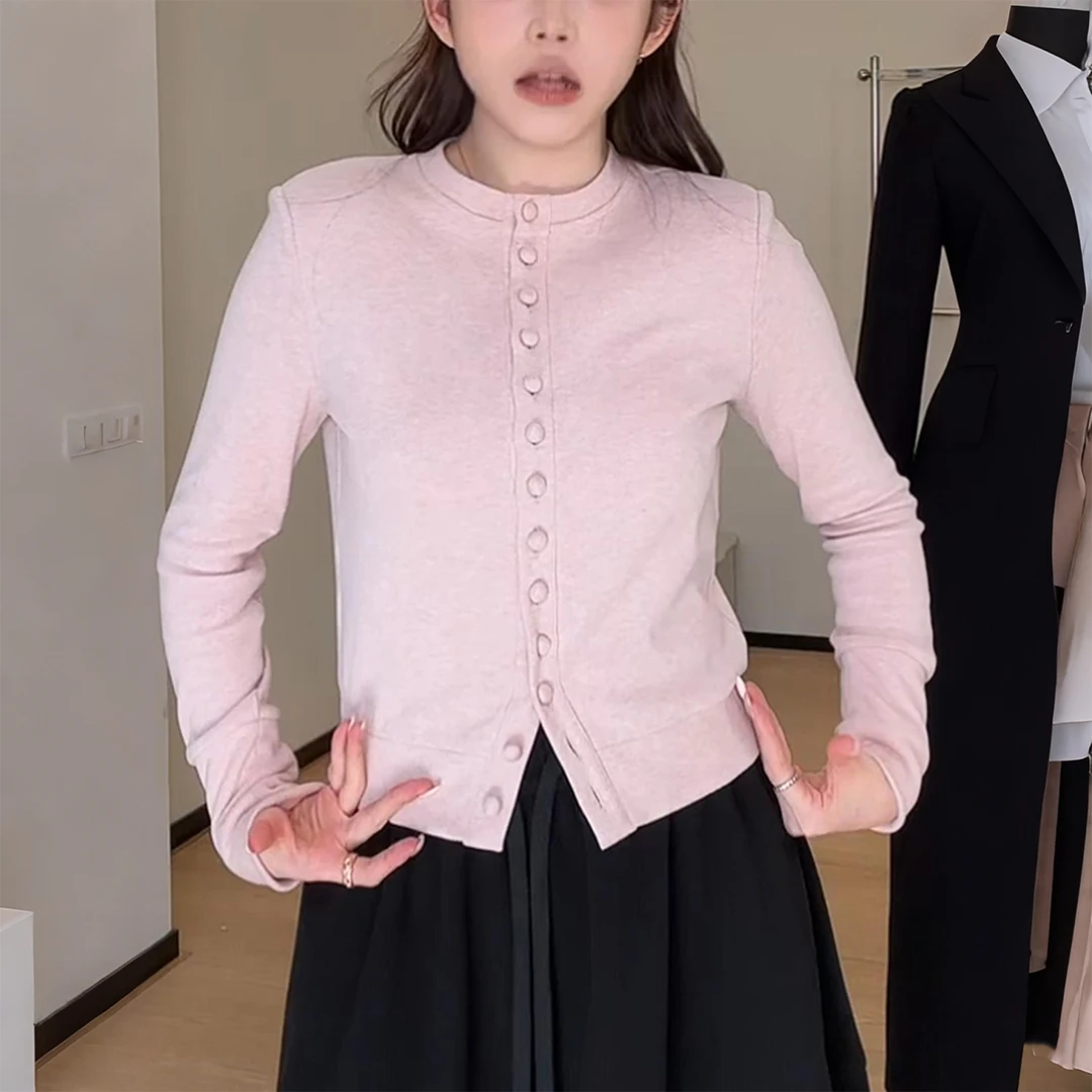 超好看粉色圆领长袖针织开衫女士秋冬季新款高级漂亮修身短款上衣