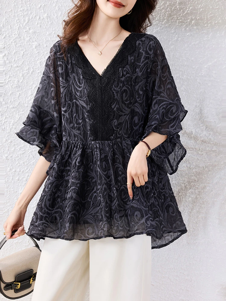 雪纺衫薄款女装短袖蕾丝气质上衣夏季新款大码宽松遮肚子显瘦洋气