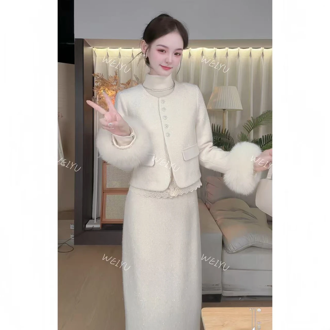 【WY】   沪上千金～原版原创冬季爆款90白鸭绒狐狸毛气质小香风套装