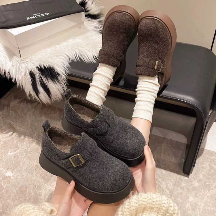 勃肯鞋加绒8812秋冬复古百搭厚底增高保暖棉鞋毛呢乐福鞋女
