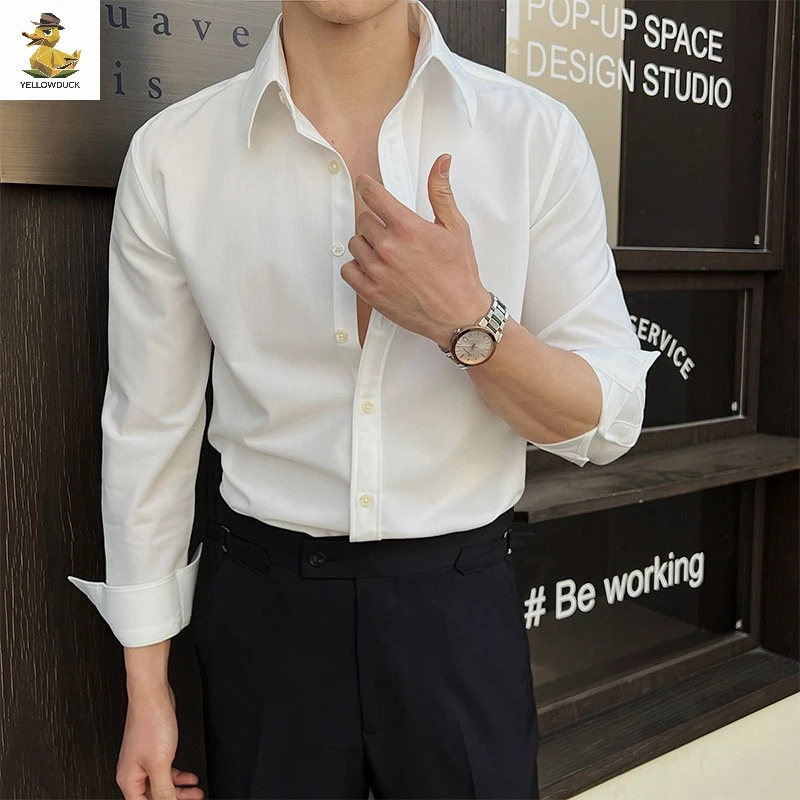 英伦风轻奢男士衬衫春季修身百搭纯色款长袖衬衣商务正装内搭衬衣