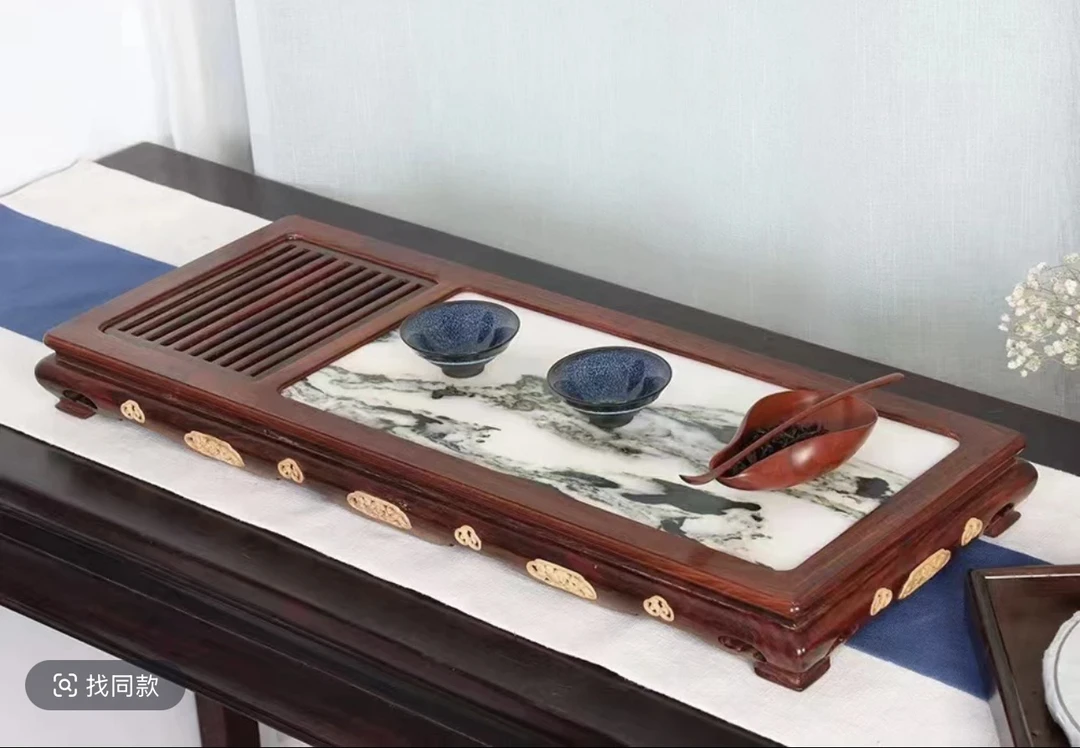 老挝大红酸枝云石款镶嵌黄杨木干湿两用茶盘58/23.3/6