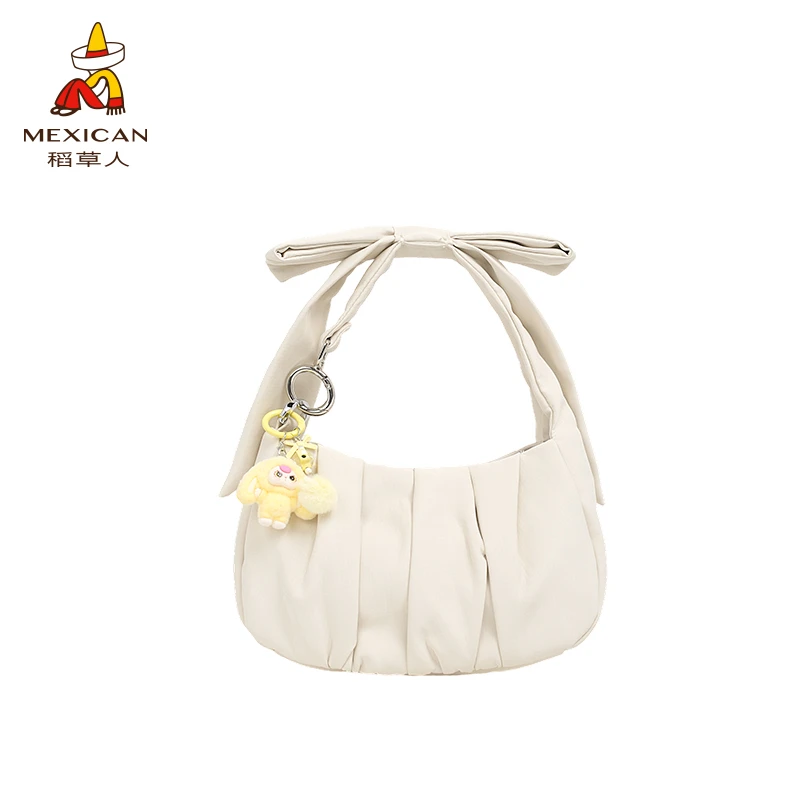 稻草人25新款夏季蝴蝶结ins新款泡泡抽绳托特单肩包包百搭