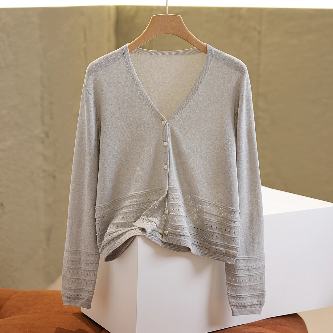 重工艺款亚麻混纺开衫2025春季新款清新气质风女士显瘦针织开衫