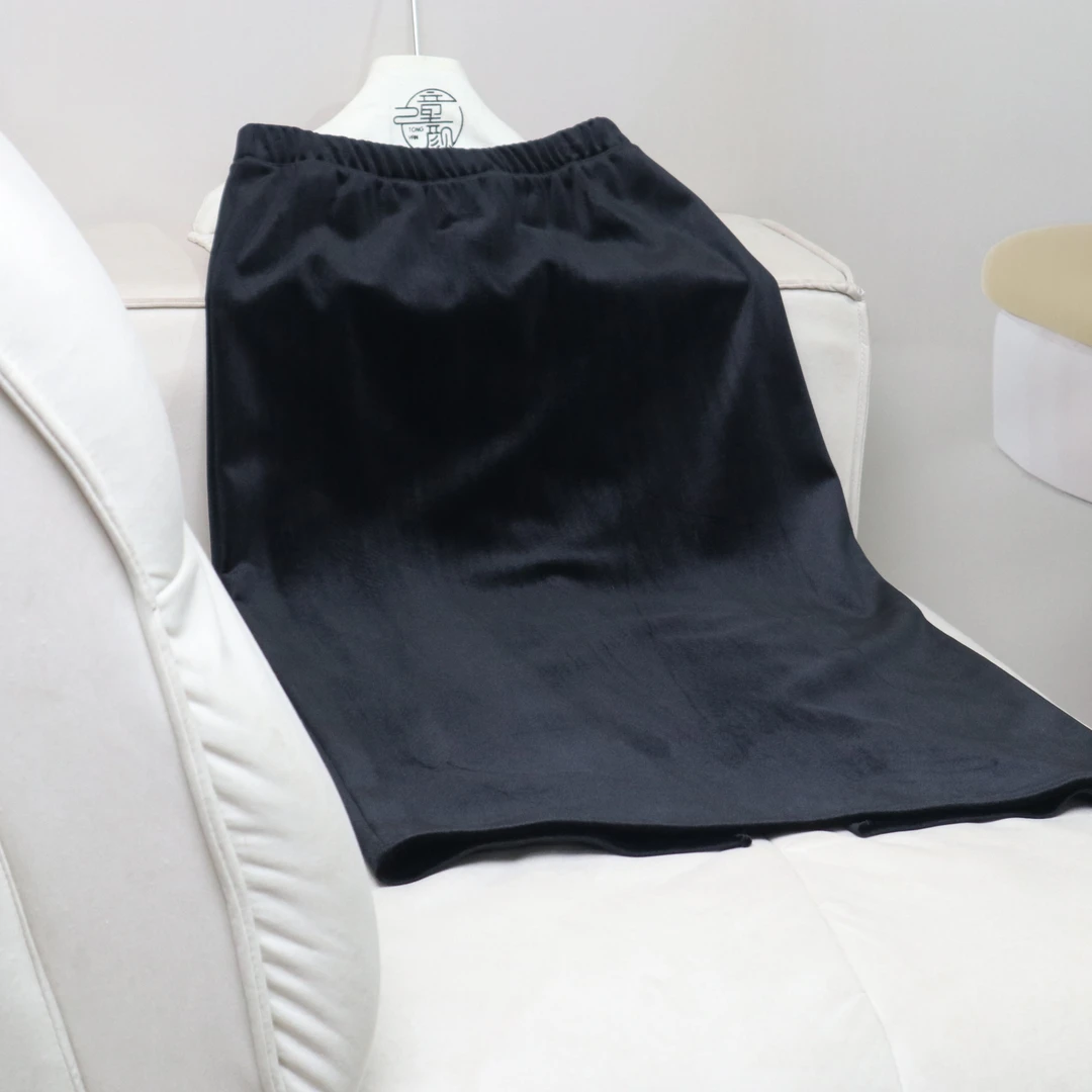 【13548】高品质原创设计黑色后开叉丝绒直筒半身裙D