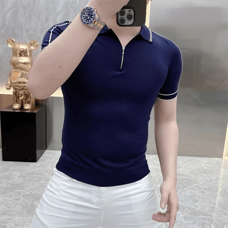 2025高级感男装短袖POLO针织冰丝T恤拉链修身纯色条纹夏季上衣潮