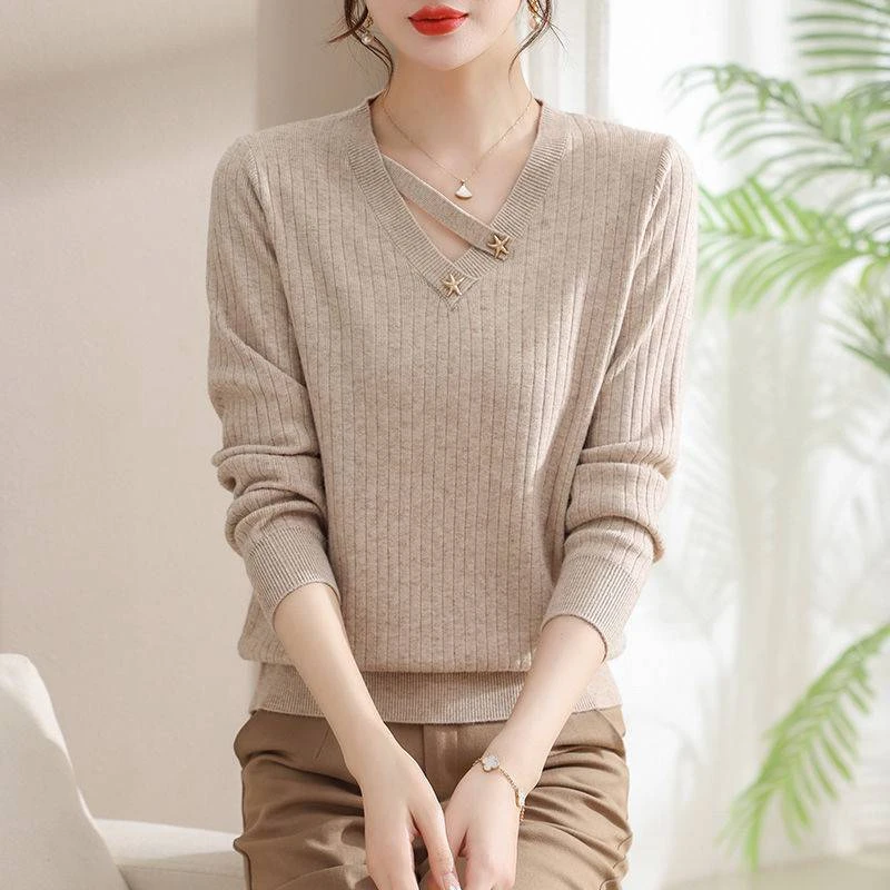 新款时尚洋气百搭女装领针织上衣打底衫时尚洋气减龄小衫春秋宽松