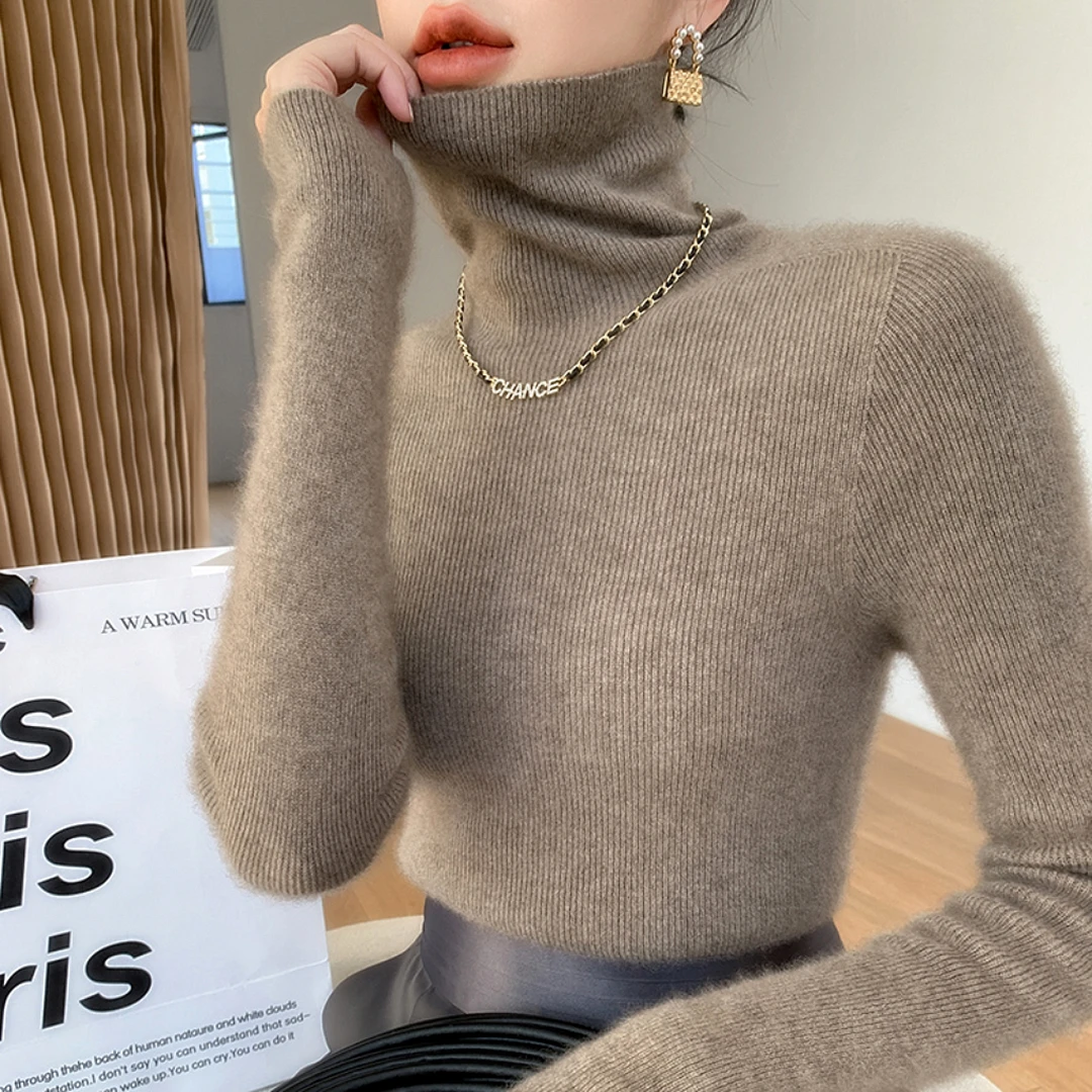 鄂尔多斯市100%纯羊绒衫女秋冬季高领打底衫修身薄款女士针织毛衣