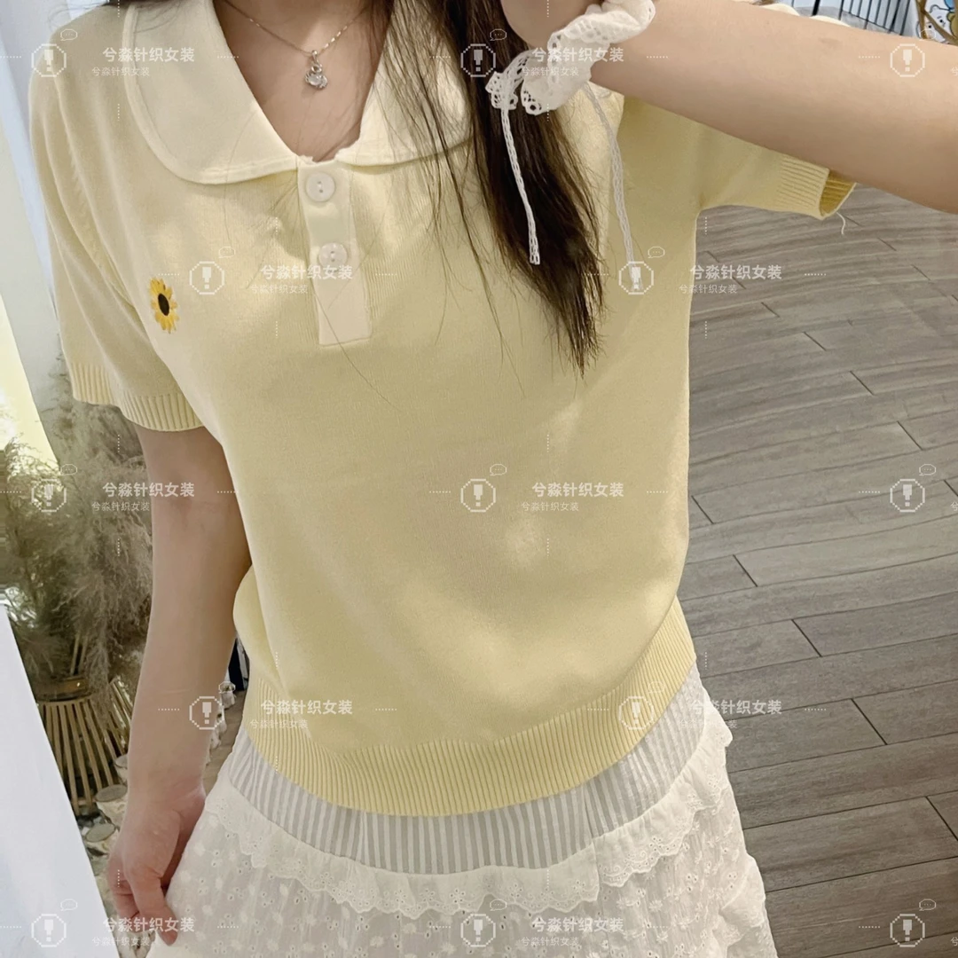 XIMIAO/兮淼小菊花刺绣套头款女翻领短袖毛针织衫polo设计感宽松