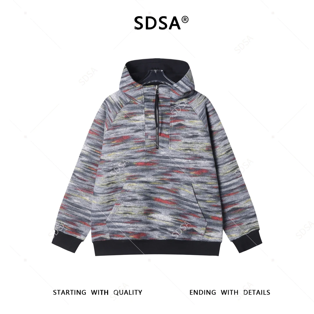 SDSA男士秋冬新款痞帅男装简约扎染半拉链立领连帽卫衣宽松百搭