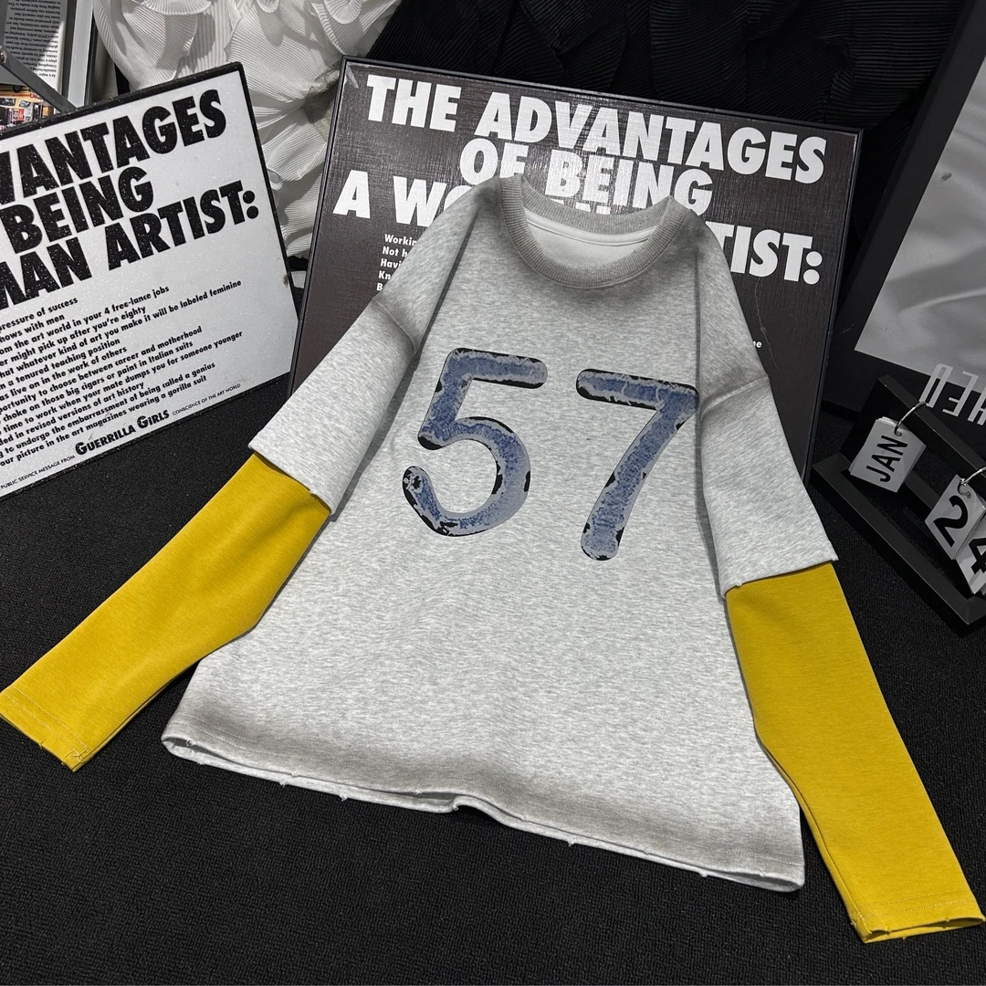 HK潮牌儿童假两件拼接长袖春季设计感小众上衣圆领卫衣0018