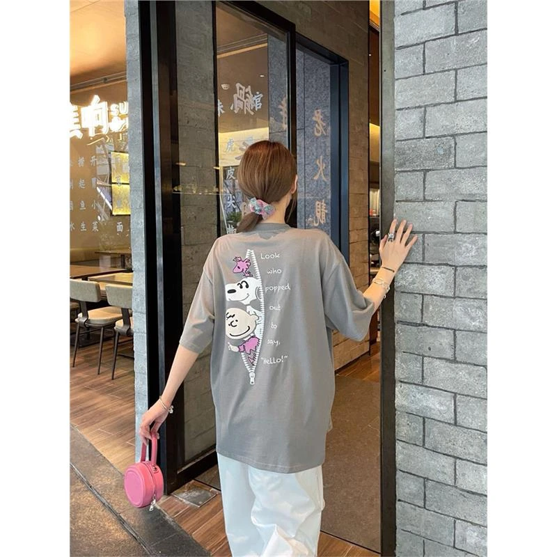 网红洋气炸街女装个性后背卡通印花短袖t恤夏高级灰个性宽松上衣