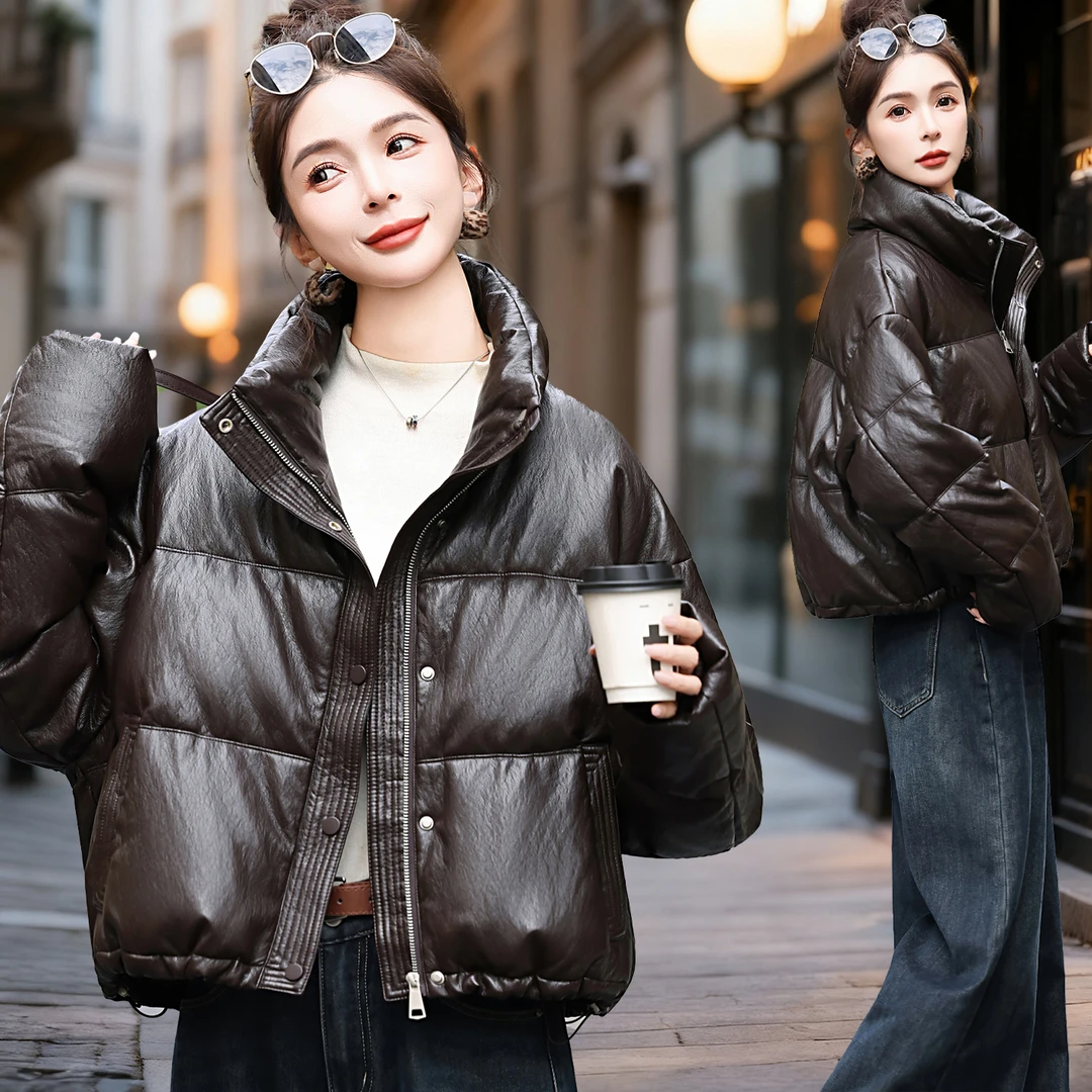 高档pu皮加厚羽绒服冬新款欧洲站女减龄流行短款保暖白鸭绒外套潮